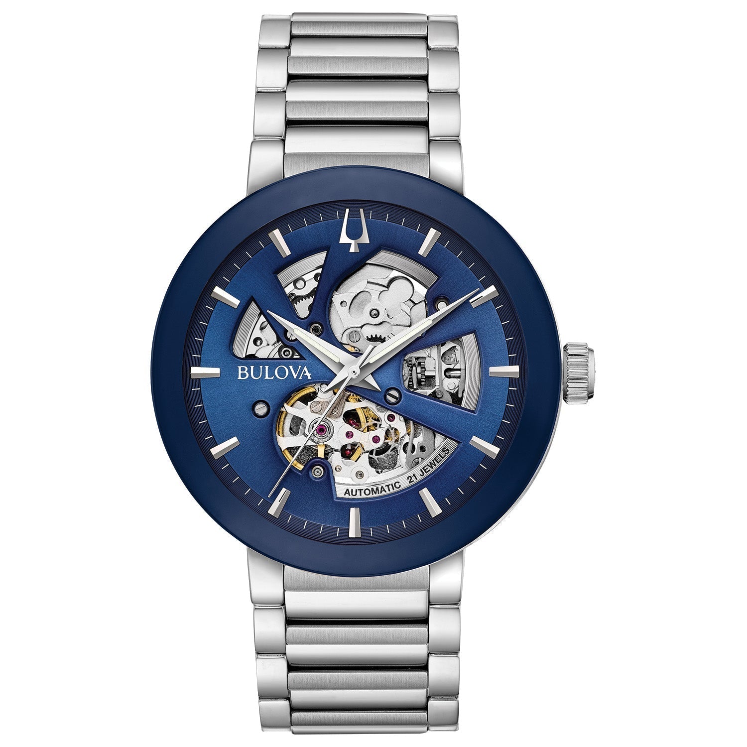 Bulova 96A204 Modern Automatic watch featuring a 42mm stainless steel case, a blue open-aperture dial, and silver-tone luminous hands—front view.