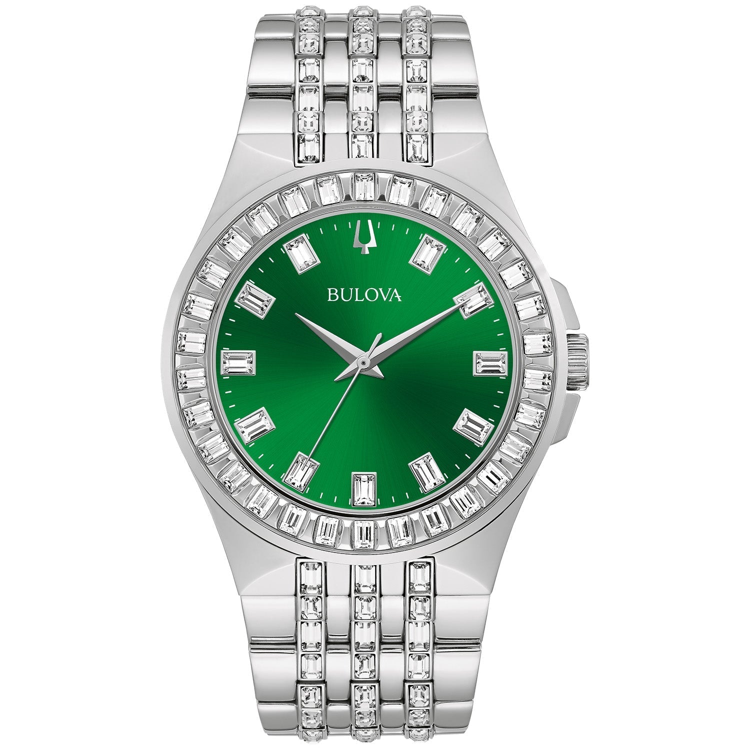  Front view of the Bulova Crystal Phantom 96A253 showcasing the 42mm silver-tone stainless steel case and emerald green dial with crystal hour markers.