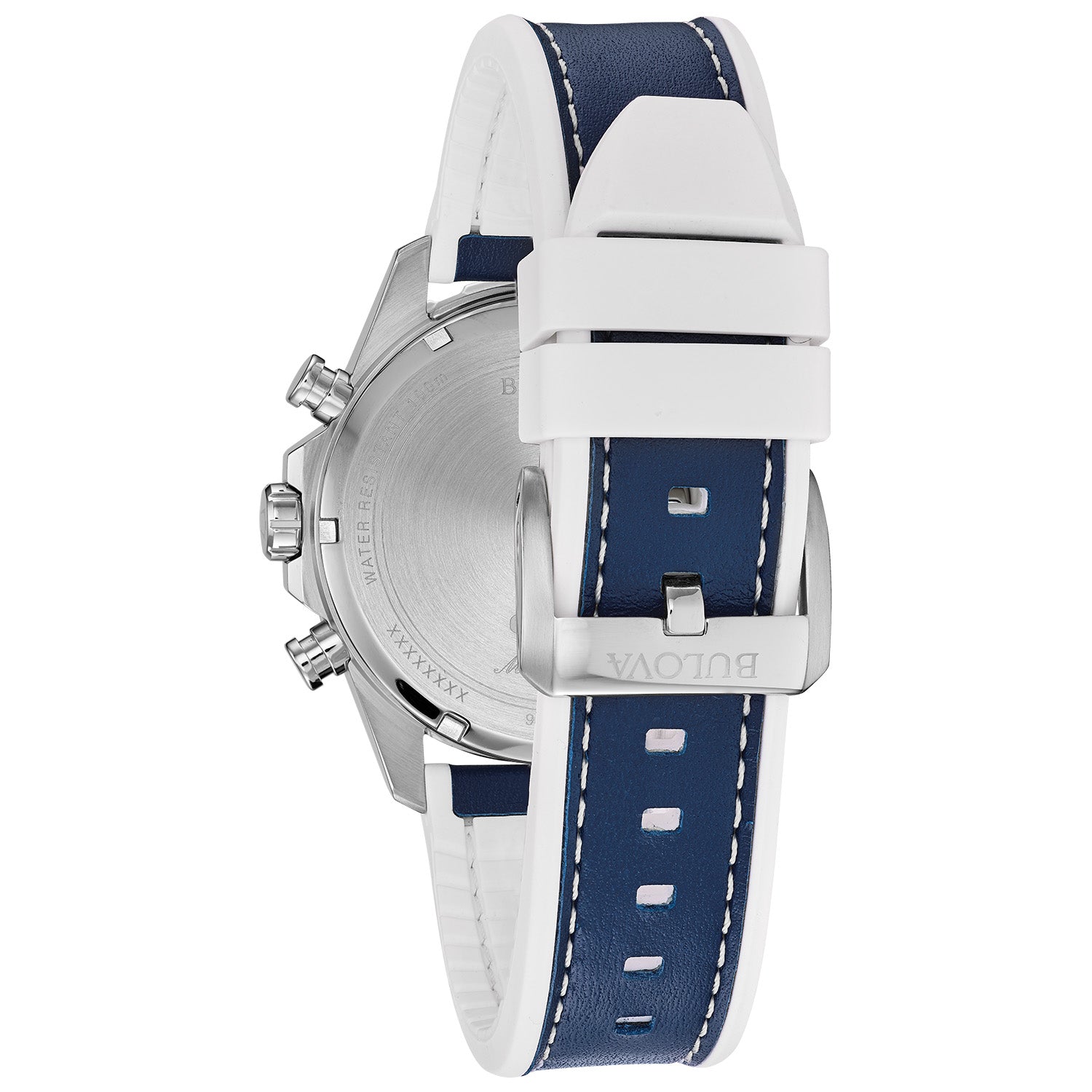 Back view of Bulova 96B287 highlighting the screw-down case back and blue leather-silicone strap with white stitching.