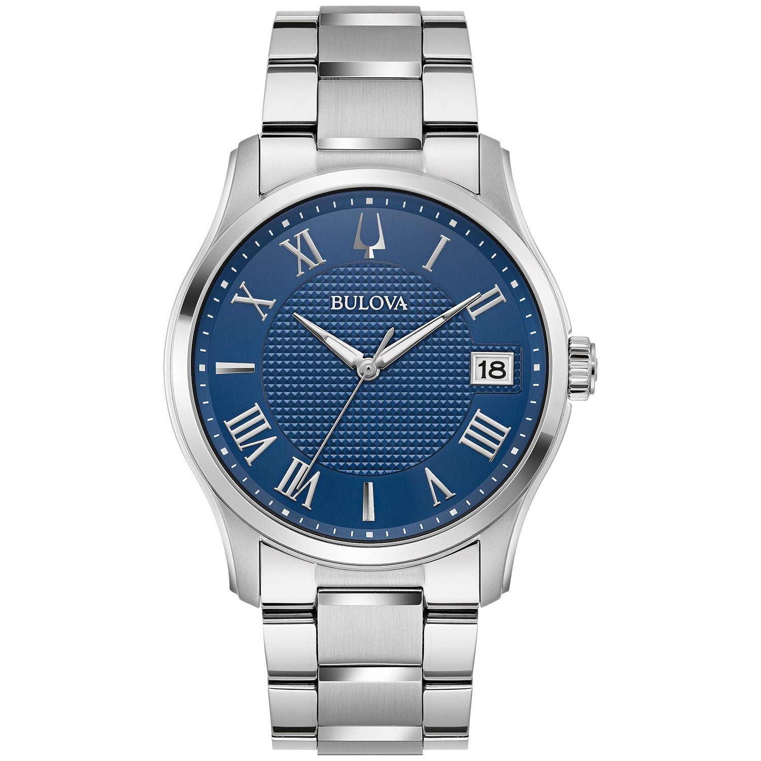 Bulova Classic Wilton 96B386 men's stainless steel watch with a blue Clous de Paris textured dial and Roman numeral markers—front view.