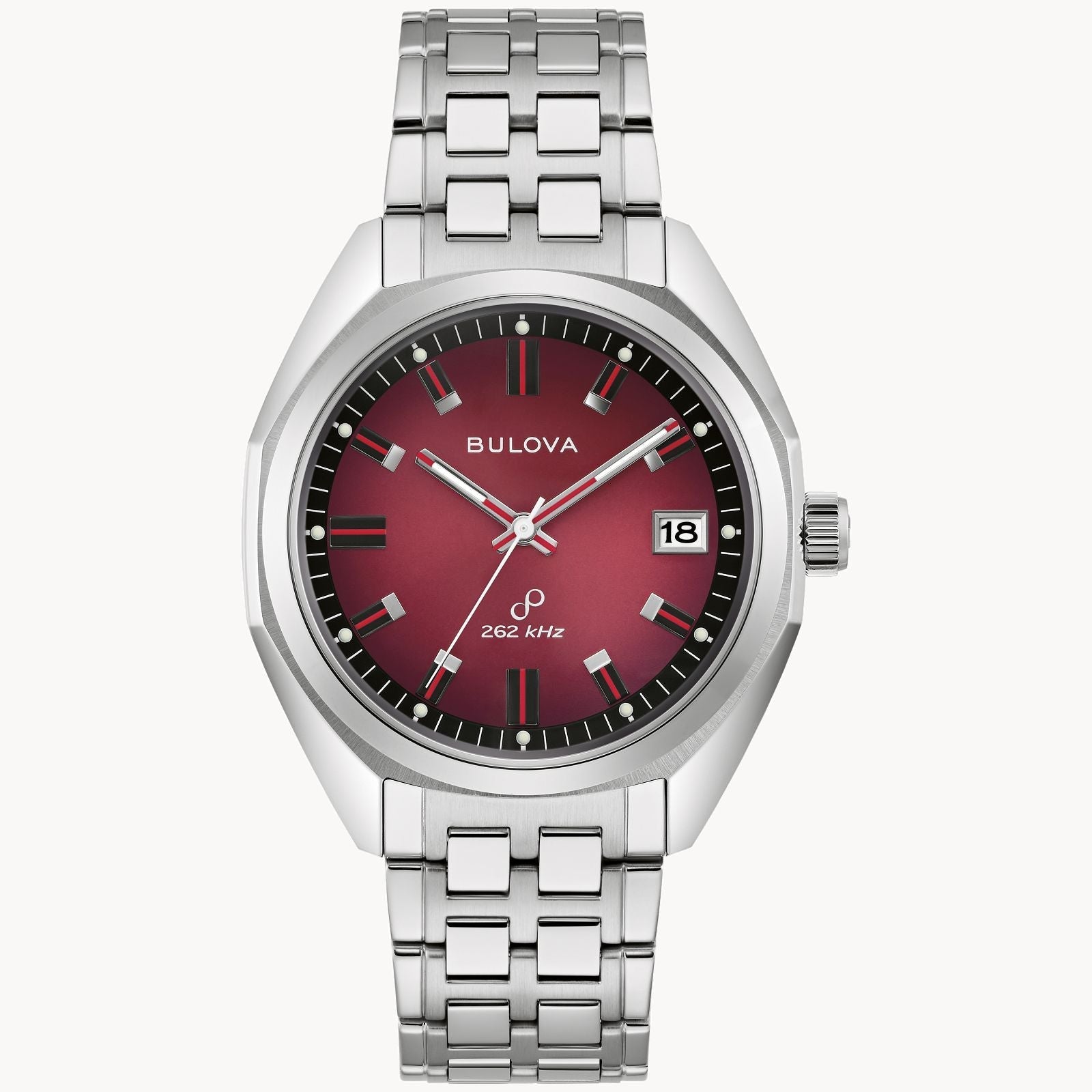 Bulova 96B401 Jet Star watch featuring a red sunburst dial with black chapter ring, silver-tone stainless steel case, and bracelet—front view.