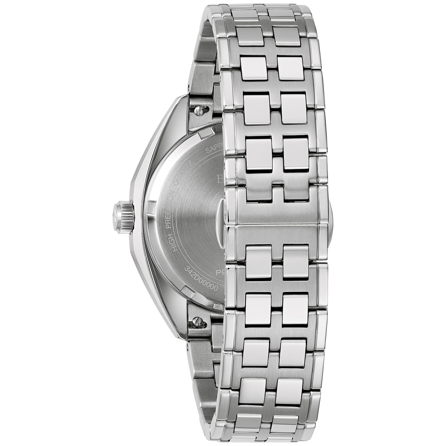  Back view of Bulova 96B401 highlighting the stainless steel case back and bracelet with deployant clasp.