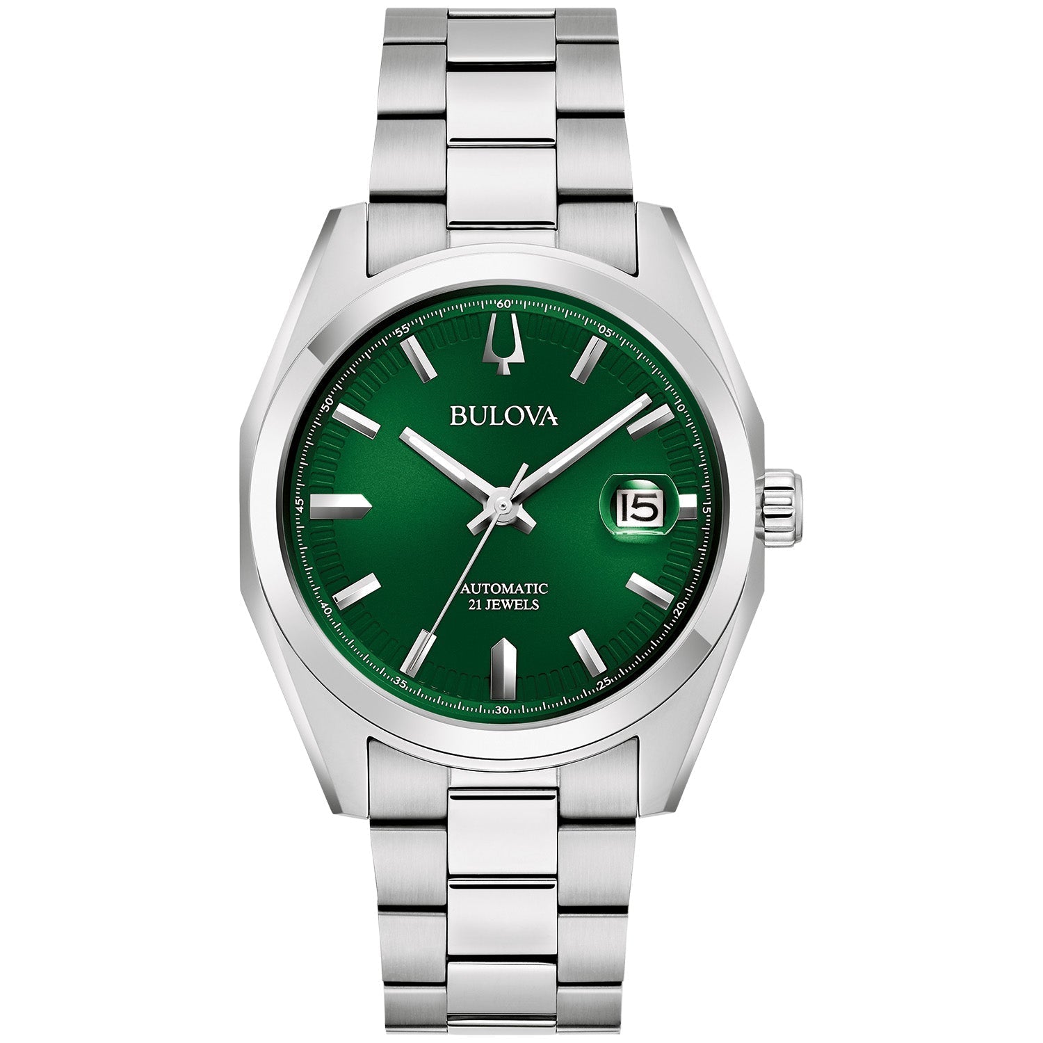 Bulova 96B429 men's automatic watch featuring a sunburst green dial with silver-tone accents, housed in a stainless steel case—front view.