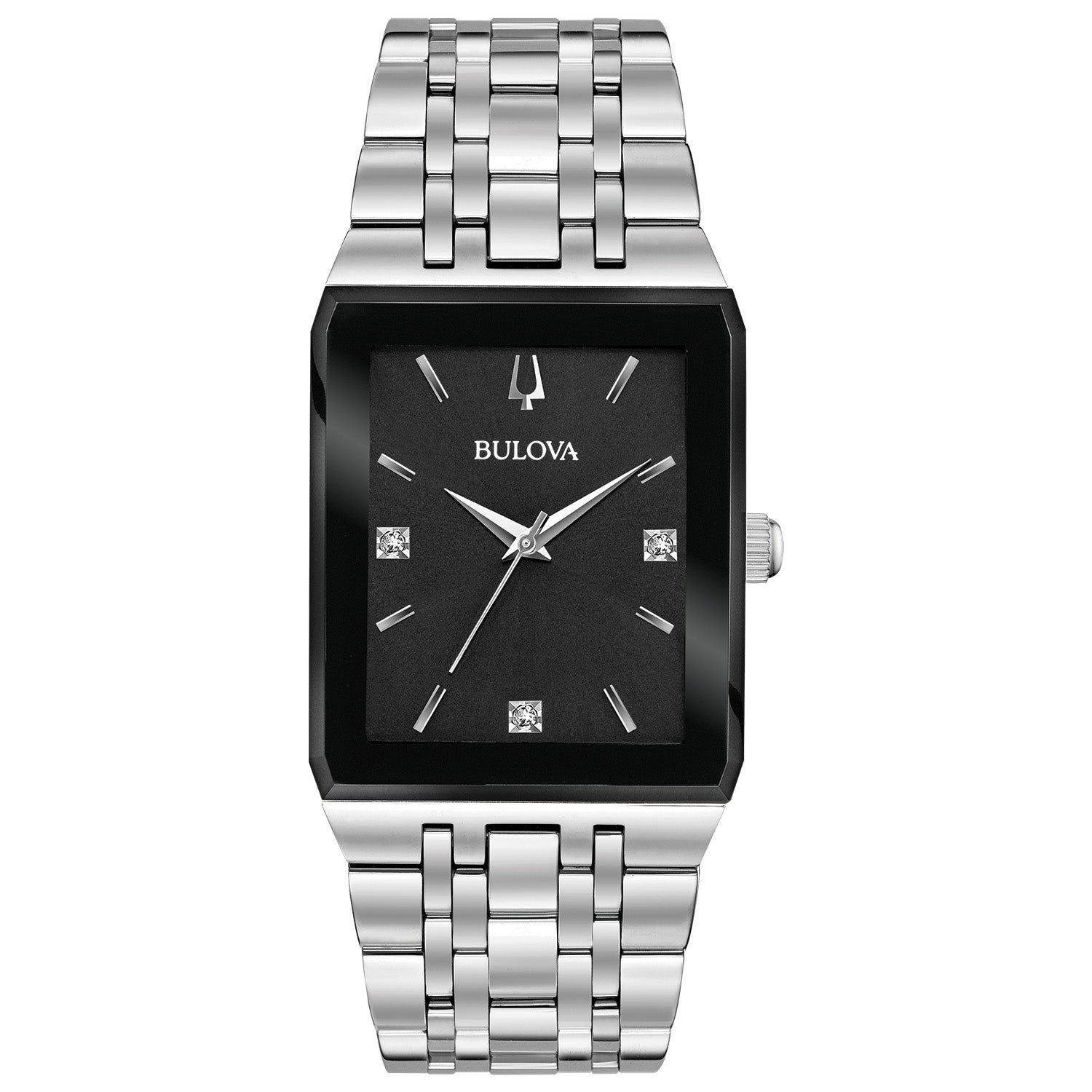 Bulova Quadra 96D145 watch showcasing a black dial with diamond accents and silver-tone stainless steel case.