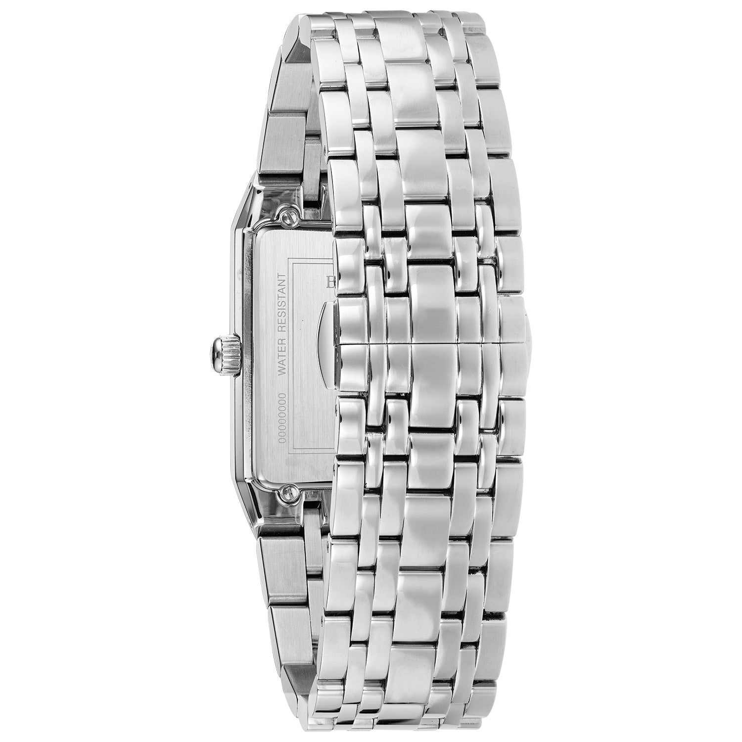 Rear view of the Bulova Quadra 96D145, displaying the stainless steel case back and bracelet clasp.