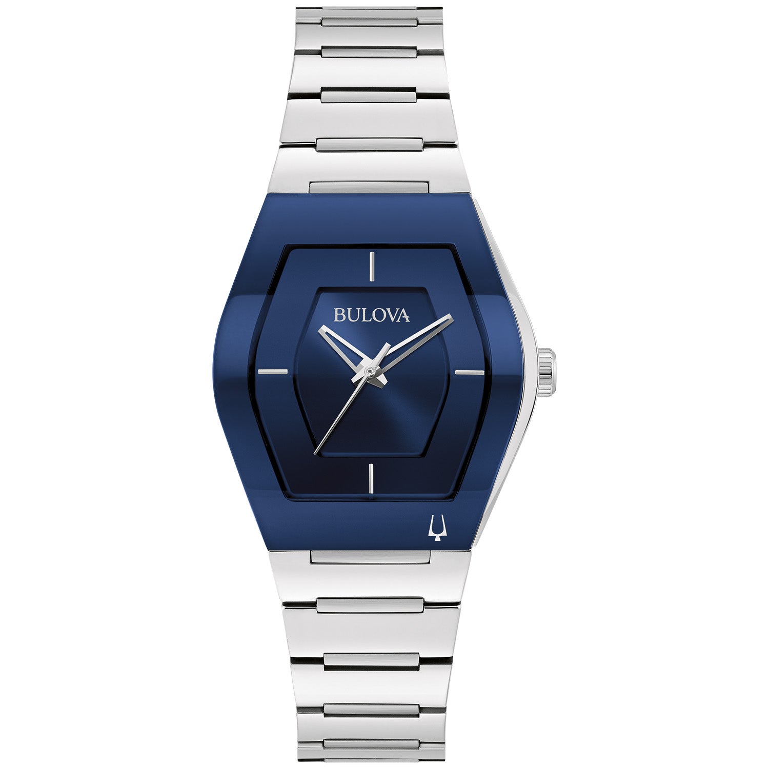 Front view of the Bulova Gemini 96L293 showcasing its asymmetrical tonneau-shaped stainless steel case and blue dial.