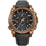 Bulova Precisionist Chronograph 97B188 men's watch featuring a black dial with bronze accents, luminous skeleton hands, and a distressed bronze ion-plated stainless steel case—front view.