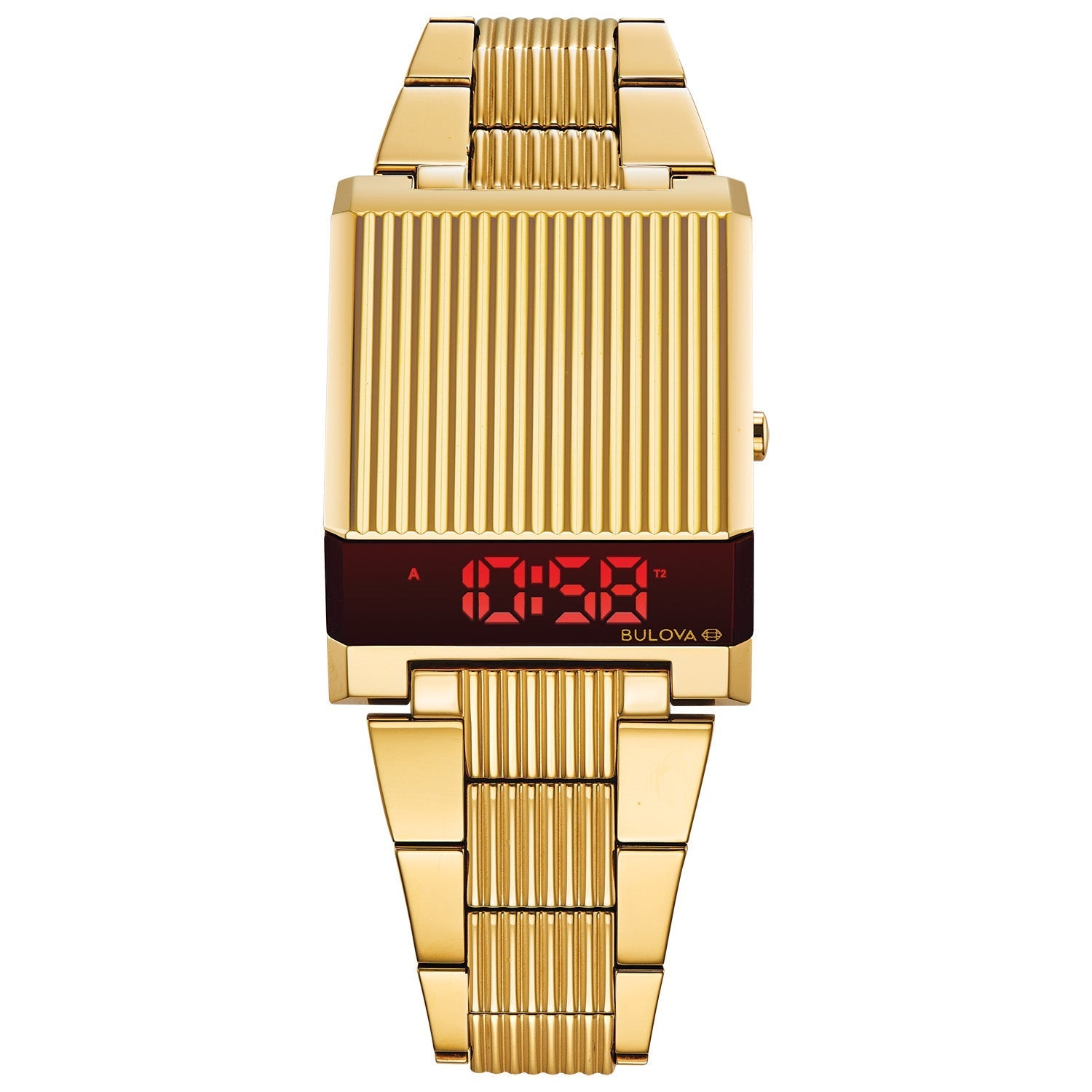 Bulova Computron 97C110 gold-tone stainless steel watch featuring a red LED display—front view.