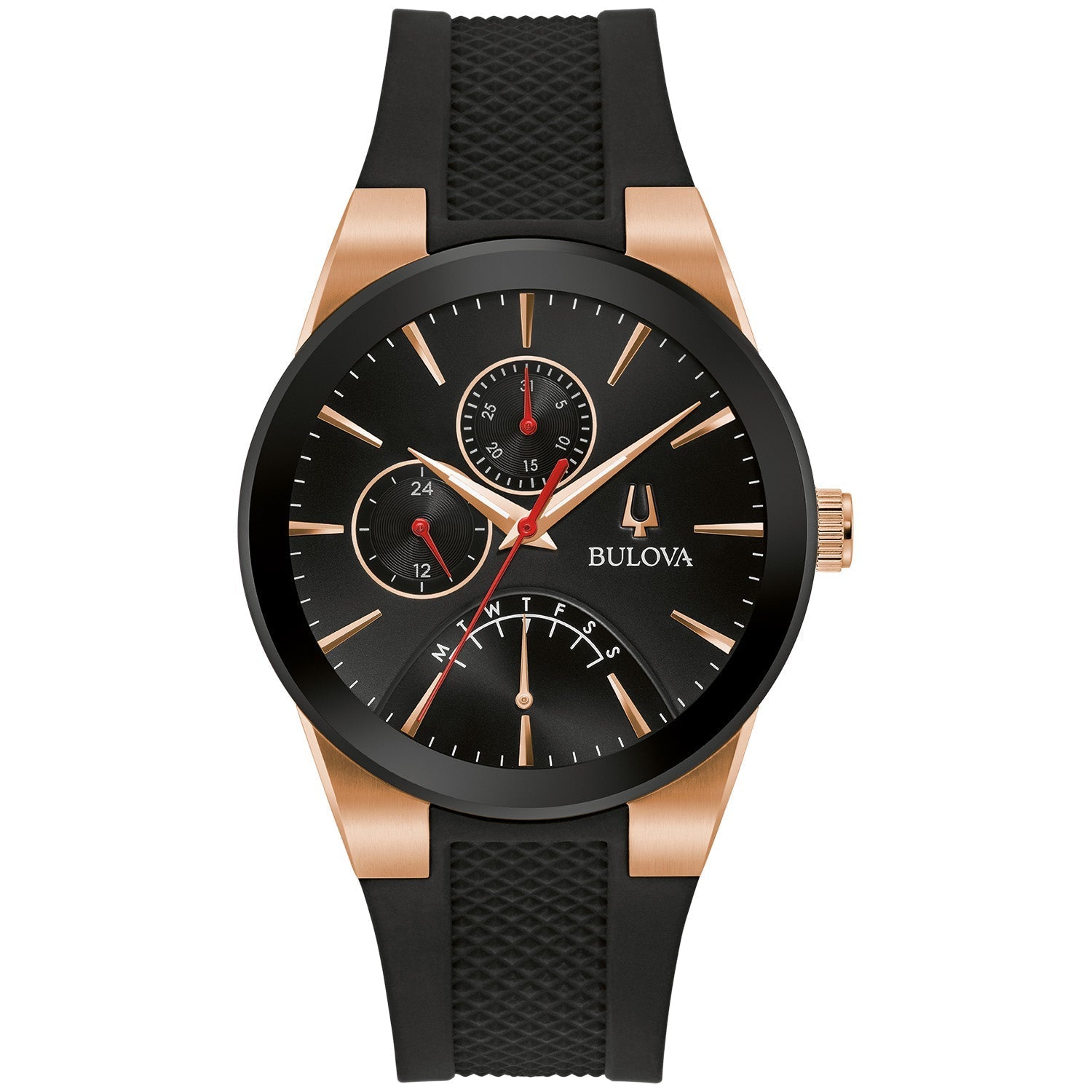  Bulova Futuro 97C111 men's rose gold-tone stainless steel watch with black multifunction dial and black silicone strap—front view.