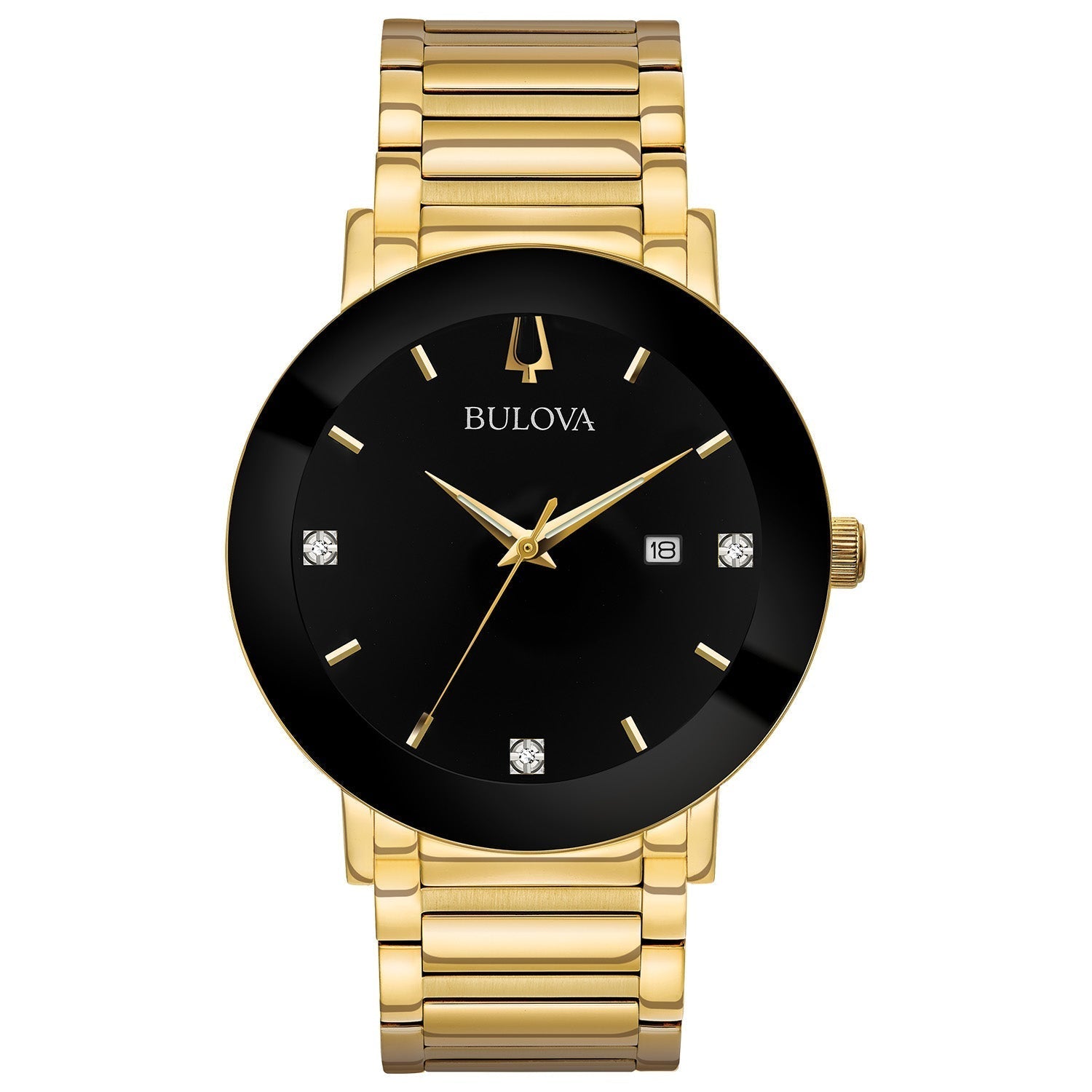 Bulova Futuro 97D116 front view showcasing the 42mm gold-tone stainless steel case, black dial with three hand-set diamonds, and date feature at 6 o'clock.