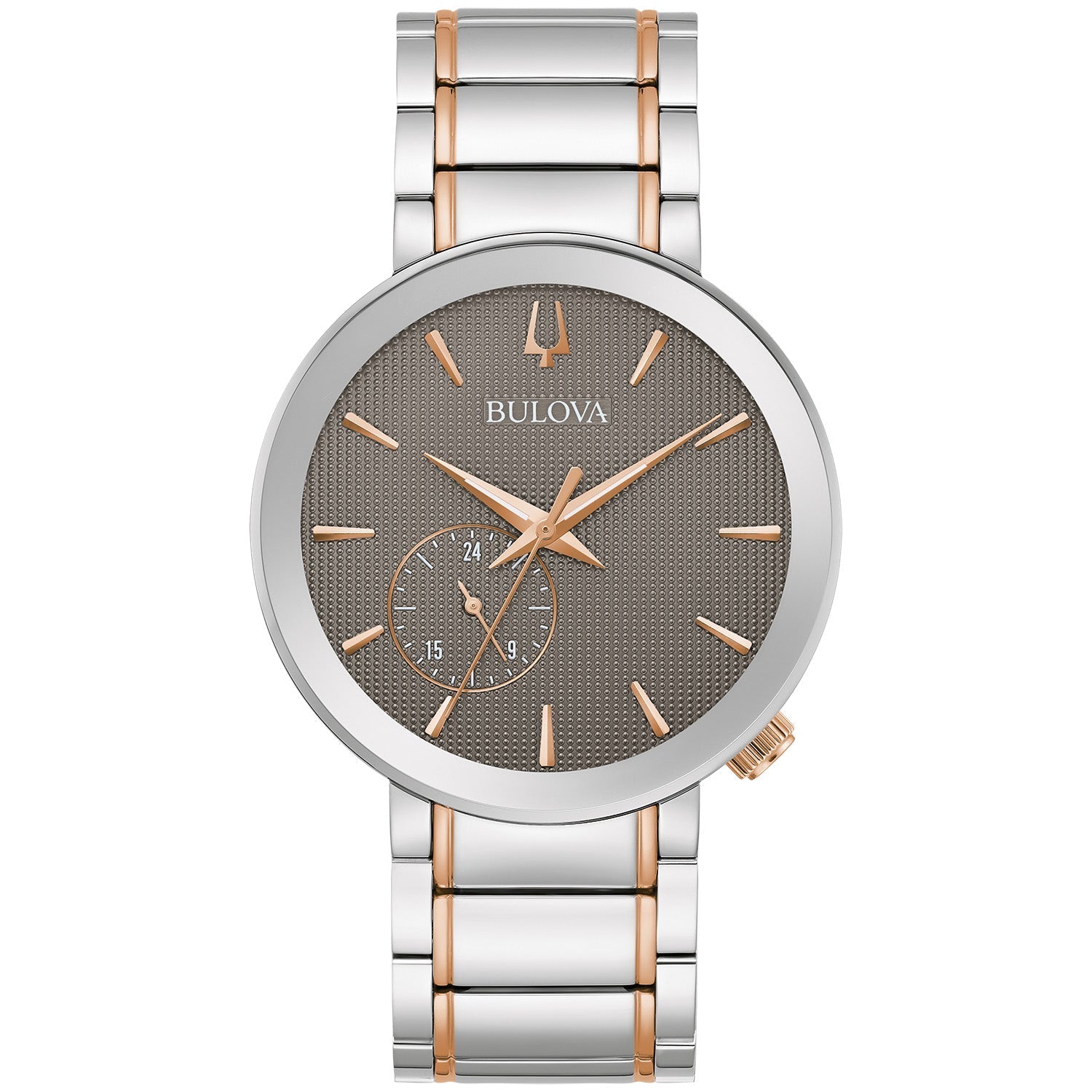  Bulova 98A309 Latin GRAMMY® Special Edition watch featuring a gray textured dial with rose gold-tone hands and markers, and a 24-hour sub-dial—front view.