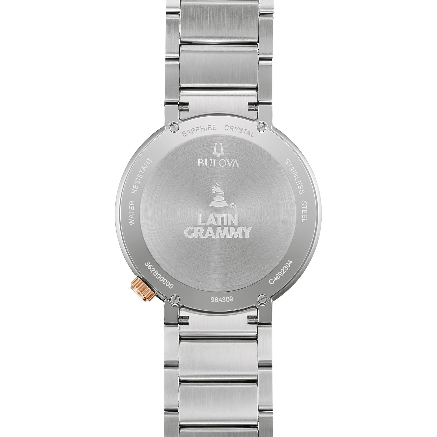 Back view of Bulova 98A309 highlighting the screw-back case stamped with the Latin GRAMMY® logo and two-tone stainless steel bracelet.