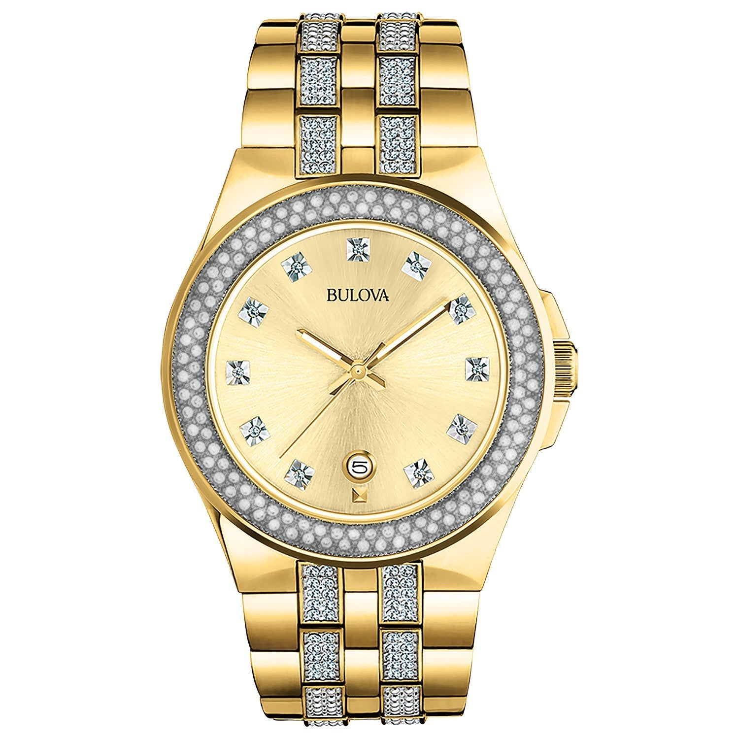 Bulova 98B174 Men's Crystal Collection gold-tone watch with champagne dial—front view.