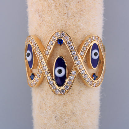 14K Yellow Gold Blue CZ Evil Eye Ring